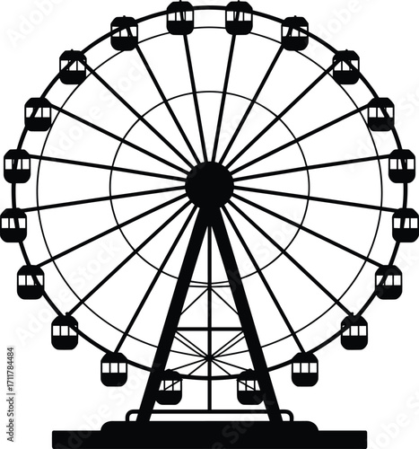Ferris wheel silhouette, amusement park ride, carnival attraction, large observation wheel, rotating gondolas, fun fair entertainment, black and white vector illustration, isolated background