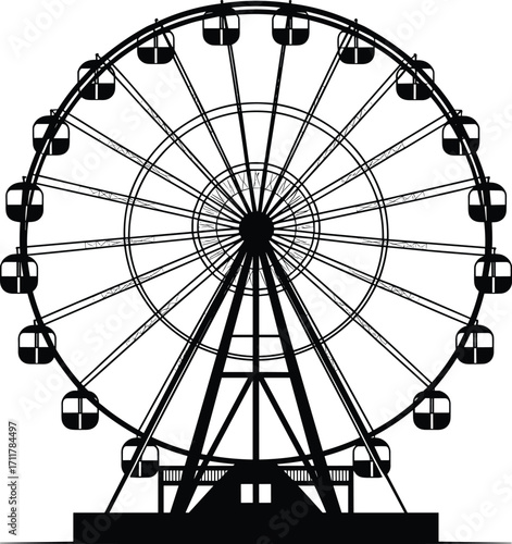 Ferris wheel silhouette, amusement park ride, carnival attraction vector, large observation wheel, outdoor 