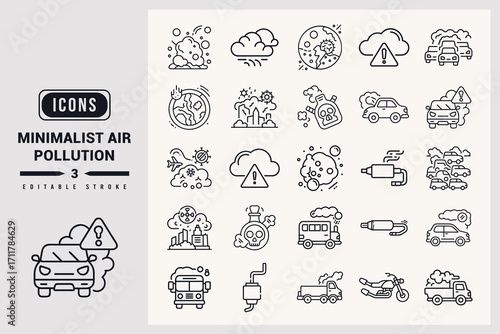 Minimalist Air Pollution Icons Pack Vol 3 For Design Projects White Background.