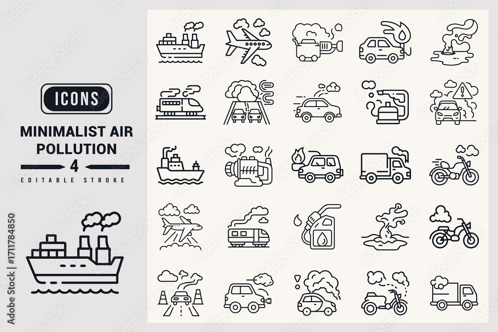 Fototapeta premium Minimalist Air Pollution Icons Set White Background.