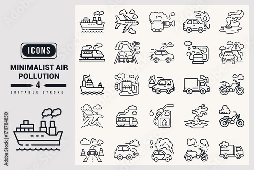 Minimalist Air Pollution Icons Set White Background.
