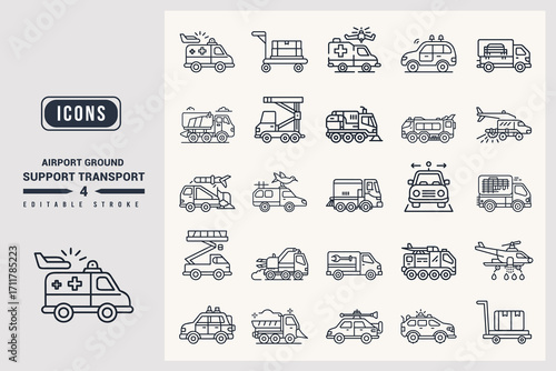 Set of Linear Icons for Emergency and Support Vehicles and Transport Solutions White Background.