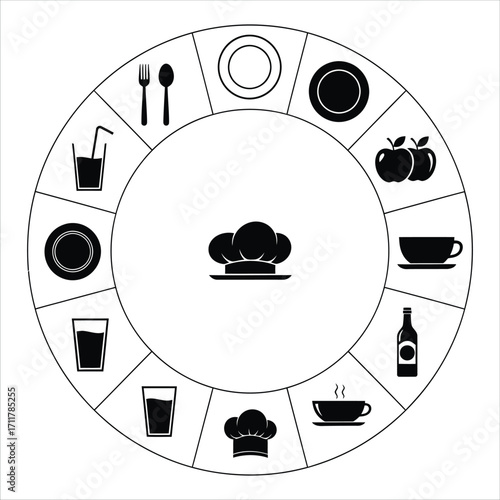 Set of food and drink icons in a circular design for restaurant menu and kitchen themes