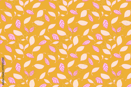 Seamless vector pattern with soft pink and cream leaves on a warm mustard background. Elegant autumn botanical design for fabrics, packaging, wallpapers and prints