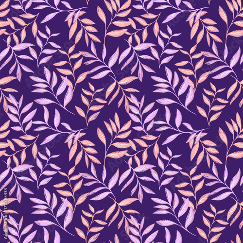 Elegant seamless vector pattern with artistic branches and pastel leaves on a dark purple background. Stylish botanical design for textiles, wallpapers and decor