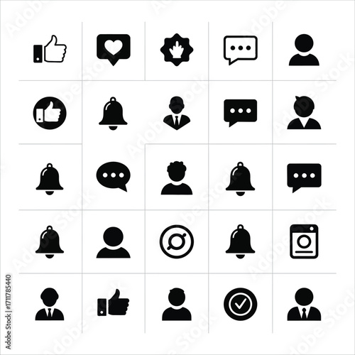 Essential collection of black and white social media and user interface vector icons for digital platforms