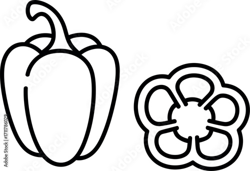 Simple outline illustration of a whole bell pepper and a slice showing its internal structure.