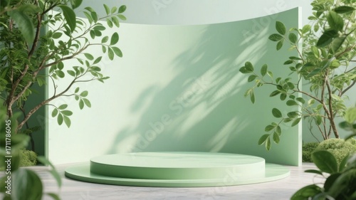 Minimalist green stage with circular platform surrounded by leafy plants and soft shadows