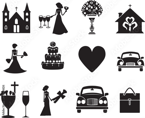 Elegant wedding icons celebrate love, cake, and celebration