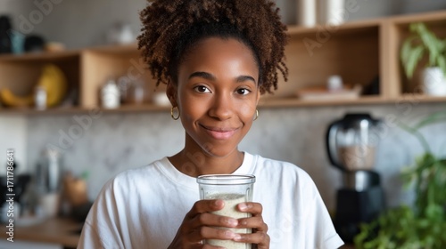 Woman holding glass of milk in kitchen.
