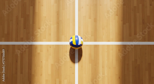 High-angle view of a volleyball positioned centrally on a wooden volleyball court.