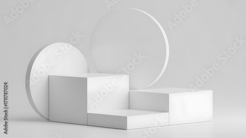 Minimalist white geometric pedestal display with circular arch