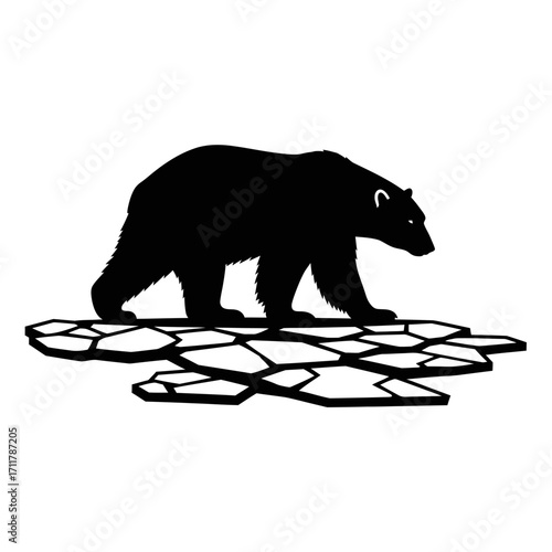 Polar bear walking on ice floes silhouette isolated on white background
