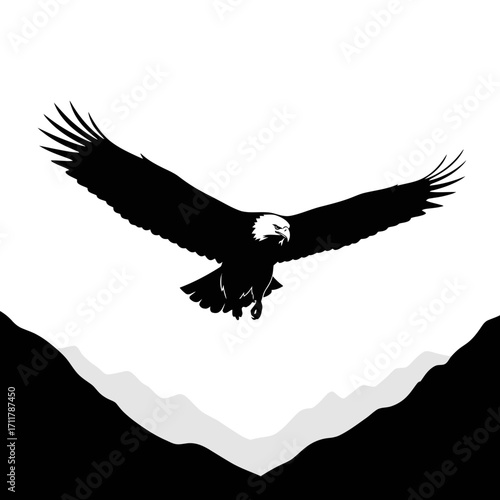 Eagle flying over mountains silhouette isolated on white background
