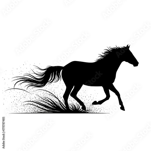 Running horse silhouette kicking up dust and grass isolated on white background