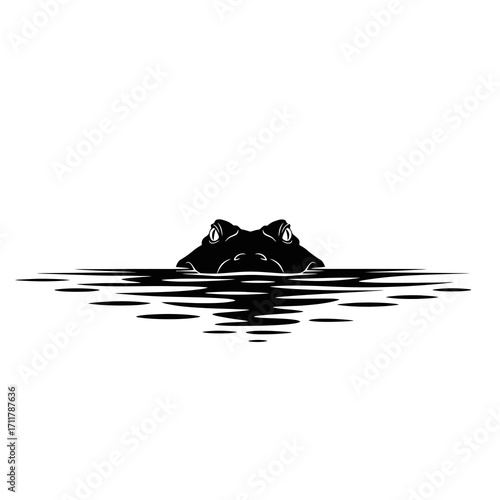 Alligator head emerging from water silhouette isolated on white background