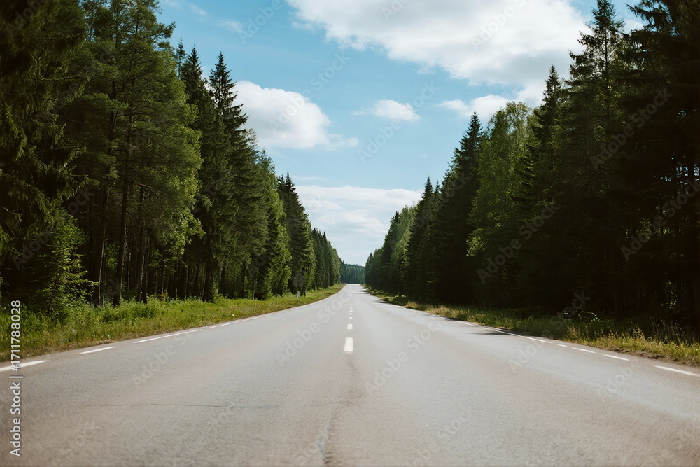 Naklejka premium A peaceful road surrounded by dense green trees under a clear blue sky