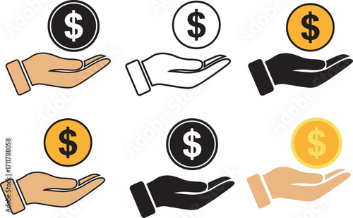 Hand in dollar coin set,Hand holding dollar coin,Dollar Symbol, giving dollar hand,outline dollar icon,black dollar icon.