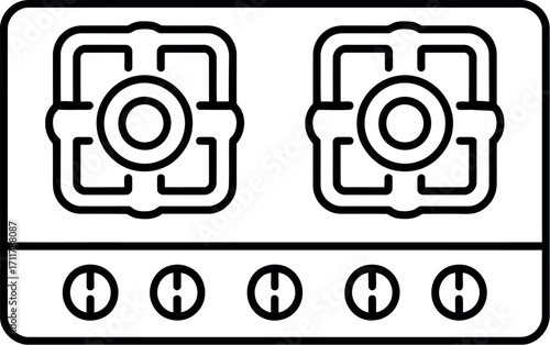Clean outline illustration of a modern gas stove with four burners and control knobs