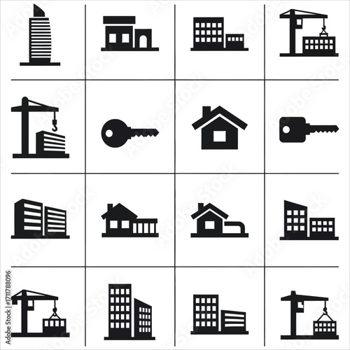 Construction and Real Estate Icon Set Buildings, Homes, Cranes, and Keys for Various Designs