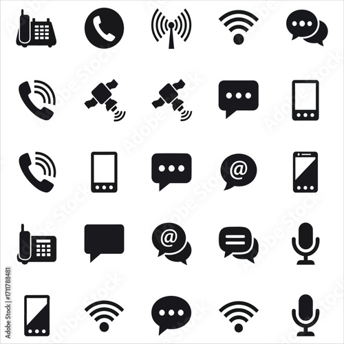 Variety of Communication Icons Depicting Phones, Messages and Wireless Signals