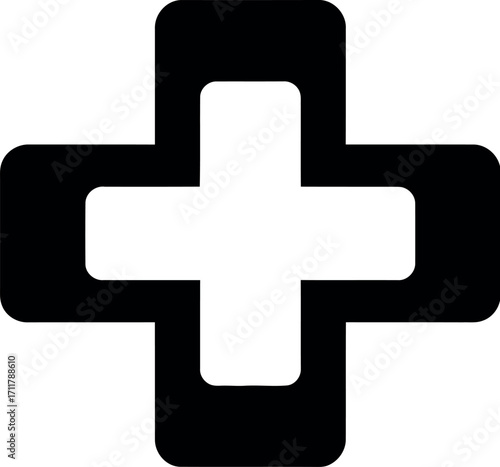Simple black and white graphic medical cross symbol for healthcare and safety