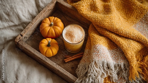 Fototapeta Naklejka Na Ścianę i Meble -  Delicious pumpkin spice cold foam served in a cozy wooden tray alongside mini pumpkins and warm textured blanket