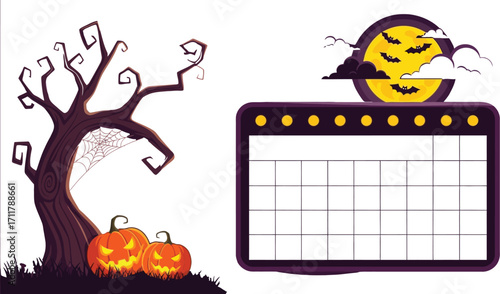 Spooky Halloween calendar with a creepy tree and glowing pumpkins under a full moon