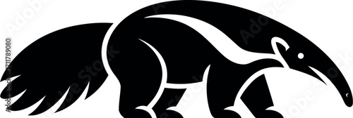 Bold black silhouette of an anteater with a bushy tail on a white background