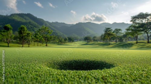 Perfectly manicured golf course green with hole and flag in foreground, surrounded by lush mountains and blue sky under bright sunlight with scattered clouds.