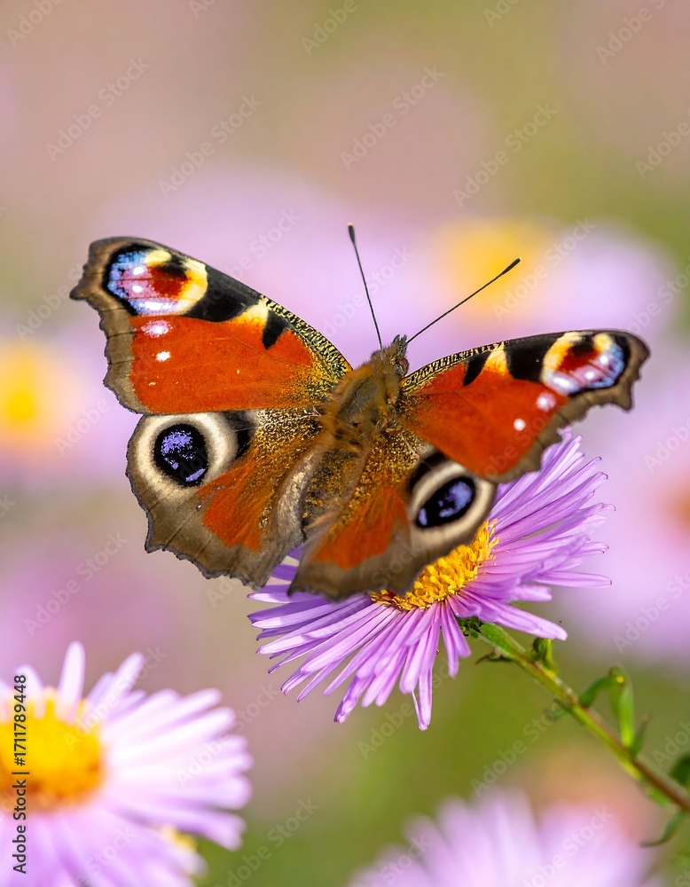 Fototapeta premium Close-up of a beautiful peacock butterfly on a flower