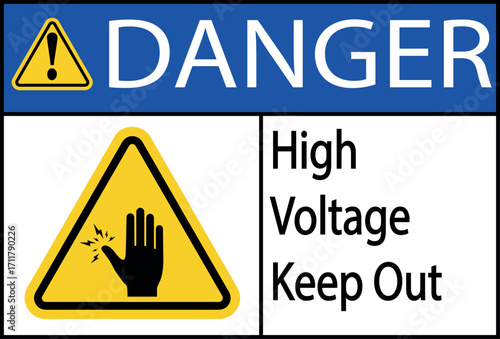danger high voltage warning sign with electric shock hazard symbol for safety caution and protection notice