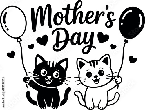 Adorable cartoon cats celebrate Mother's Day with balloons and hearts