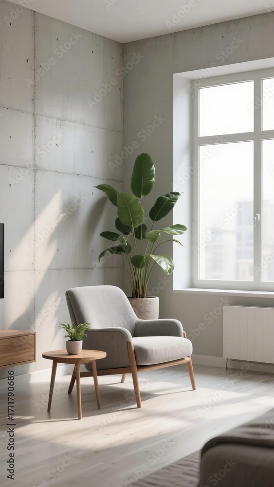 Fototapeta premium Modern minimalist living room with gray armchair, potted plant, and large window letting in natural light