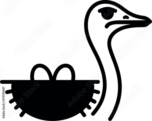 Ostrich guarding its nest with eggs, a protective mother bird.