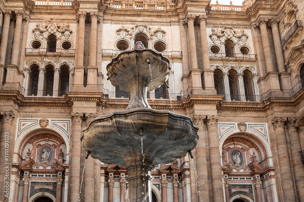 Fototapeta premium Historic Fountain and Baroque Façade of Malaga Cathedral in Andalusia, Spain, on a Sunny Autumn Day