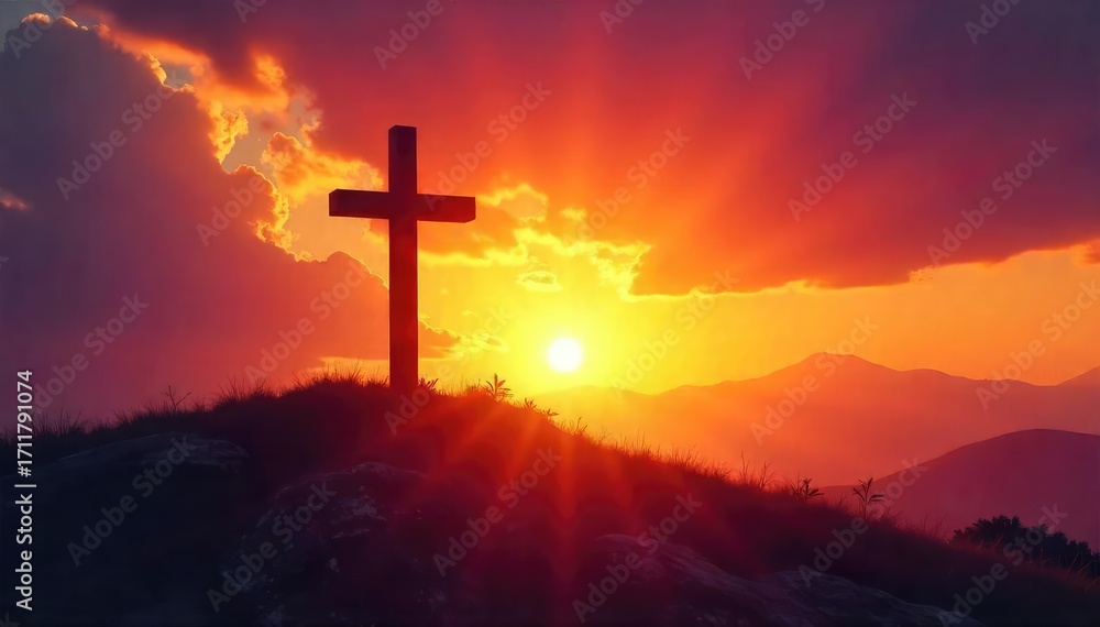 Fototapeta premium A symbolic depiction of Christian salvation; a cross silhouetted against a vibrant sunrise, representing hope, redemption, and new beginnings , silhouette, love, prayer
