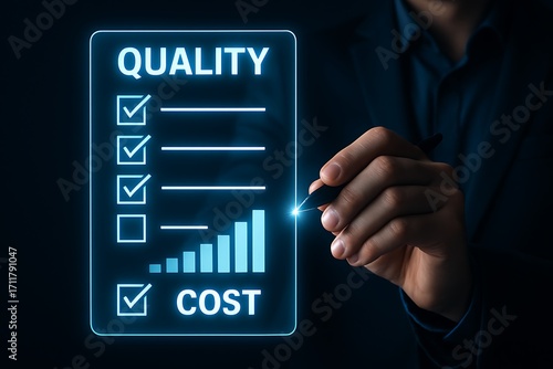 Strategic professional engaging with a digital interface, diligently managing quality assurance and optimizing cost-efficiency for sustained business growth and operational excellence