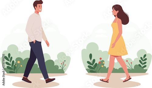 Man walking in casual clothes and woman strolling in summer dress, outdoor park walk, leisure activity, healthy lifestyle, smiling together
