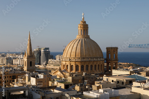 Carmelite Dome and St. Paul’s Pro-Cathedral Illuminated at Dusk, Valletta, Malta