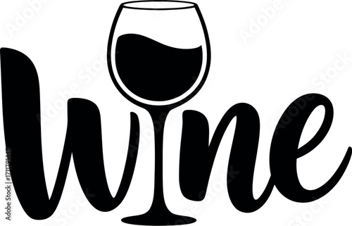 Stylish graphic illustration of the word "Wine" with a wine glass silhouette.