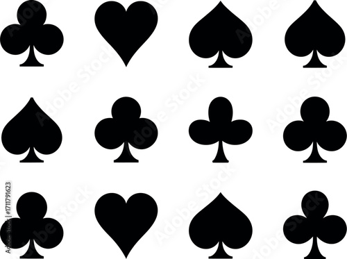 Classic playing card suits arranged in a grid pattern on a white background.