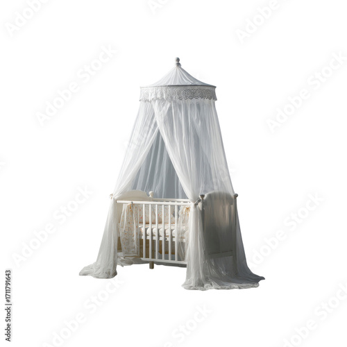 Elegant White Baby Crib with Canopy and Lace Trim