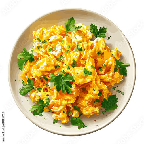 Vector illustration of a plate of scrambled eggs isolated on a solid white background