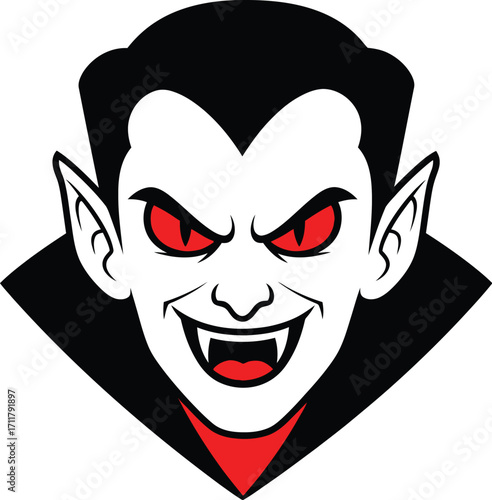 Menacing vampire with glowing red eyes and sharp fangs, a classic horror character.