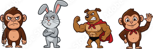 Funny cartoon animals with different expressions, superhero dog, angry monkey, happy monkey, serious rabbit, comic characters for children illustration