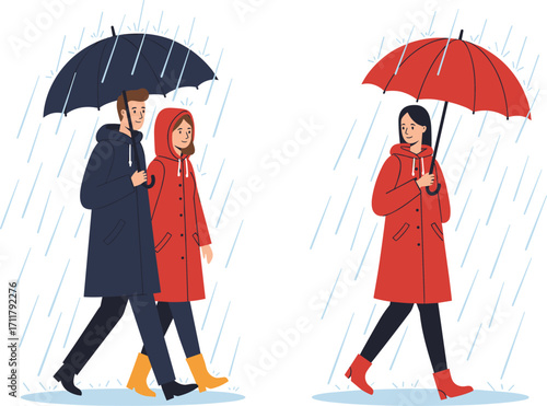 People walking in rainy weather, holding umbrellas, wearing raincoats, couple walking together, woman alone, autumn rain, stormy day illustration