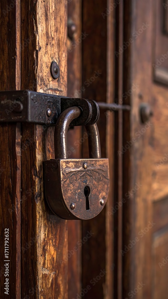 Fototapeta premium Aged padlock on weathered wooden door