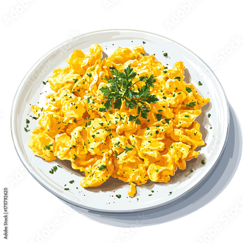 Vector illustration of a plate of scrambled eggs isolated on a solid white background