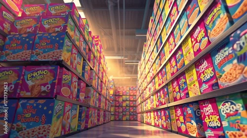 Colorful cereal boxes stacked in a vibrant supermarket aisle, cinematic lighting, high detail
